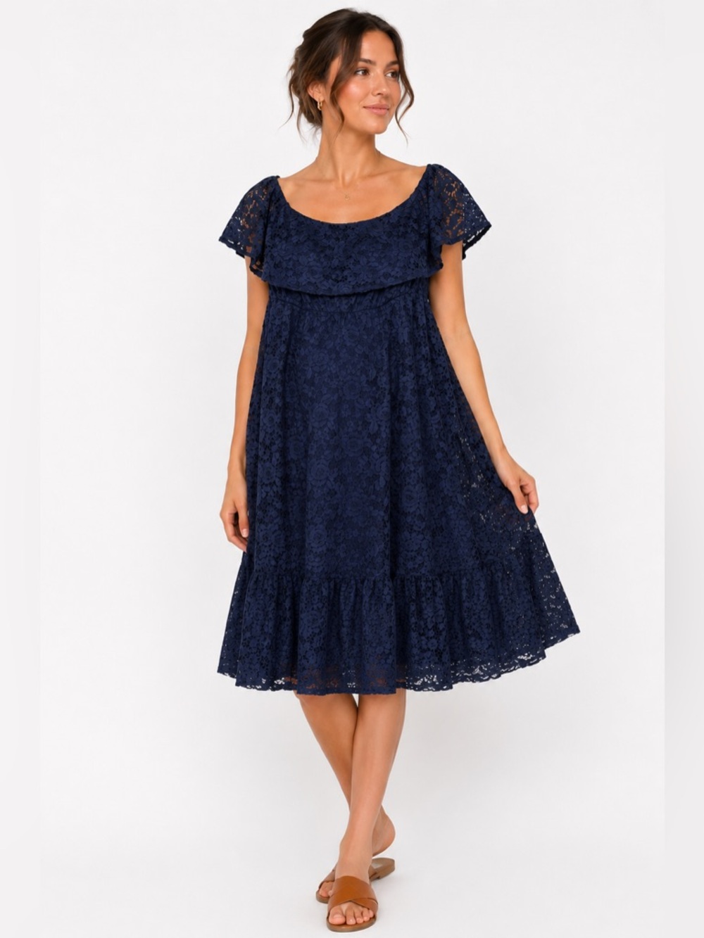 NOM Maternity Navy Lace Nursing Dress Off Shoulder Zip
